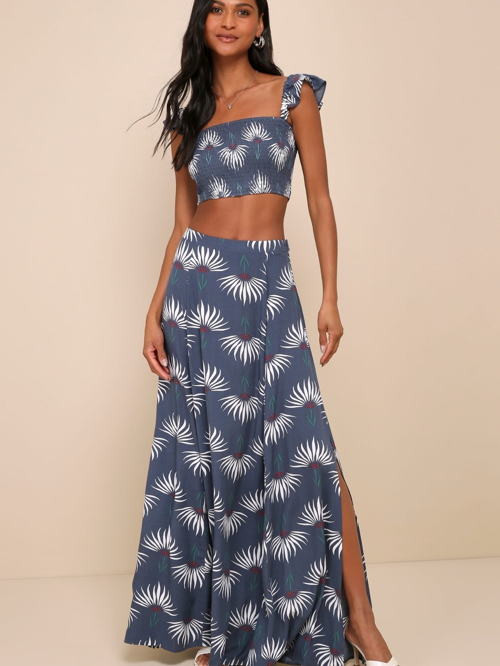 Lulu's Navy Floral Strapless Crop Top & A-Line Skirt Set